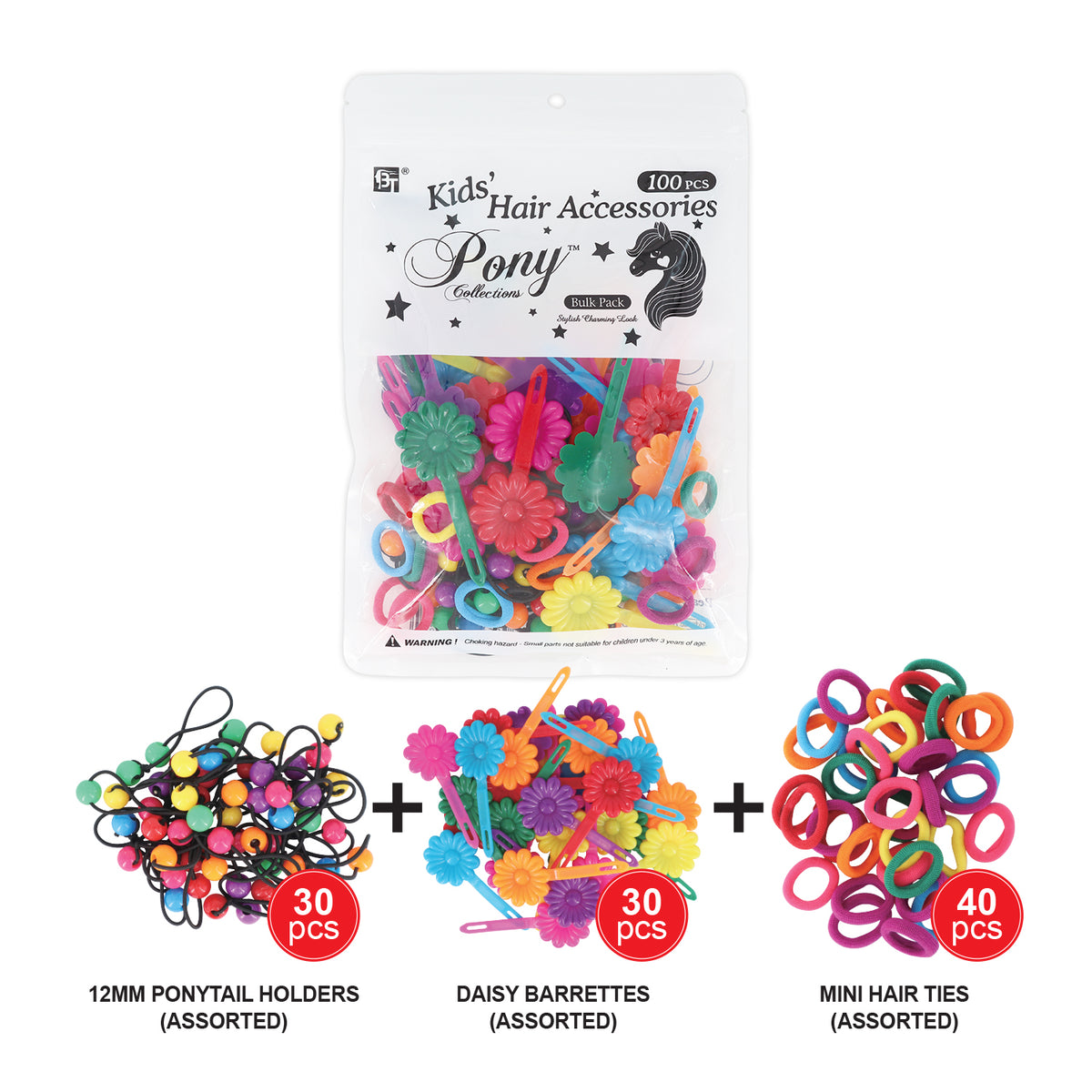 Beauty Town Kids Hair Styling Bulk Pack - Pony Beads, Rubber Bands & Barrettes Mega Set