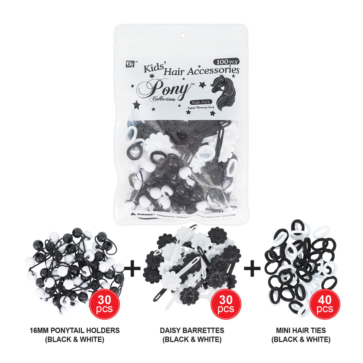 Beauty Town Kids Hair Styling Bulk Pack - Pony Beads, Rubber Bands & Barrettes Mega Set