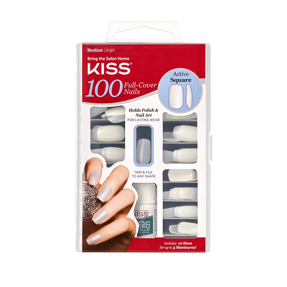 KISS Professional Medium Square False Nail Tips, Full Cover Blank Acrylic Extension Manicure Set 100-Count - 100PS12