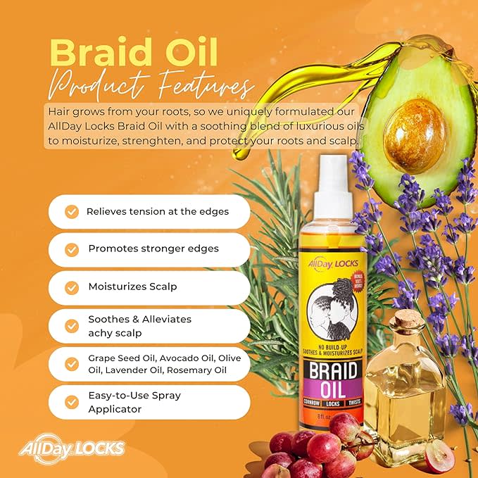 AllDay Locks Braid Oil - Scalp Tension Relief & Anti-Itch Shine Spray for Braids & Locs 5 oz