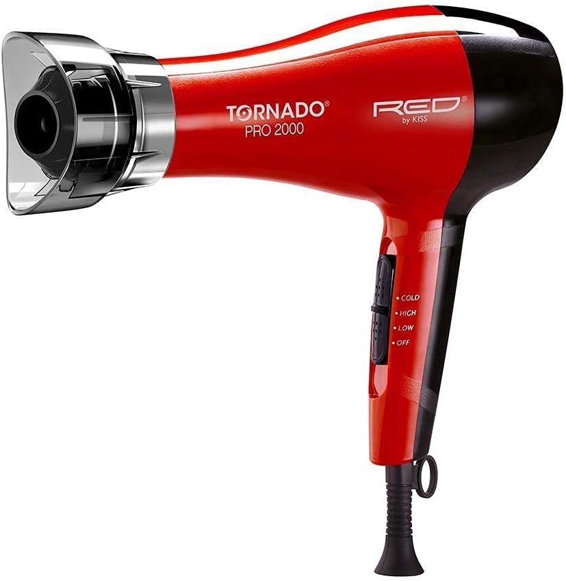 Red by Kiss Hair Dryer Tornado Pro 2000 Blow Dryer with 3 Detangler Piks