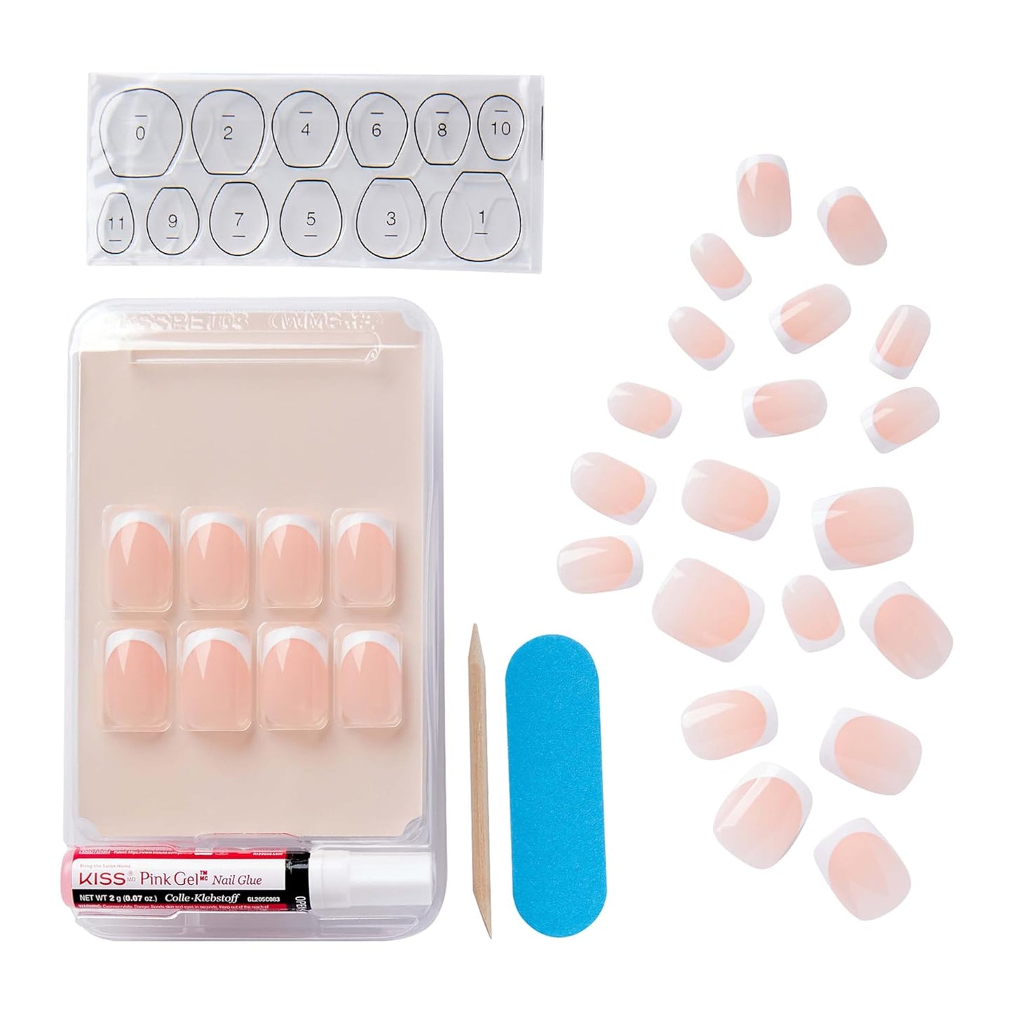 KISS Salon Acrylic French Bonjour Press-On Nails, Natural Nude Short Squoval 28-Count Glue-On Kit KSA15