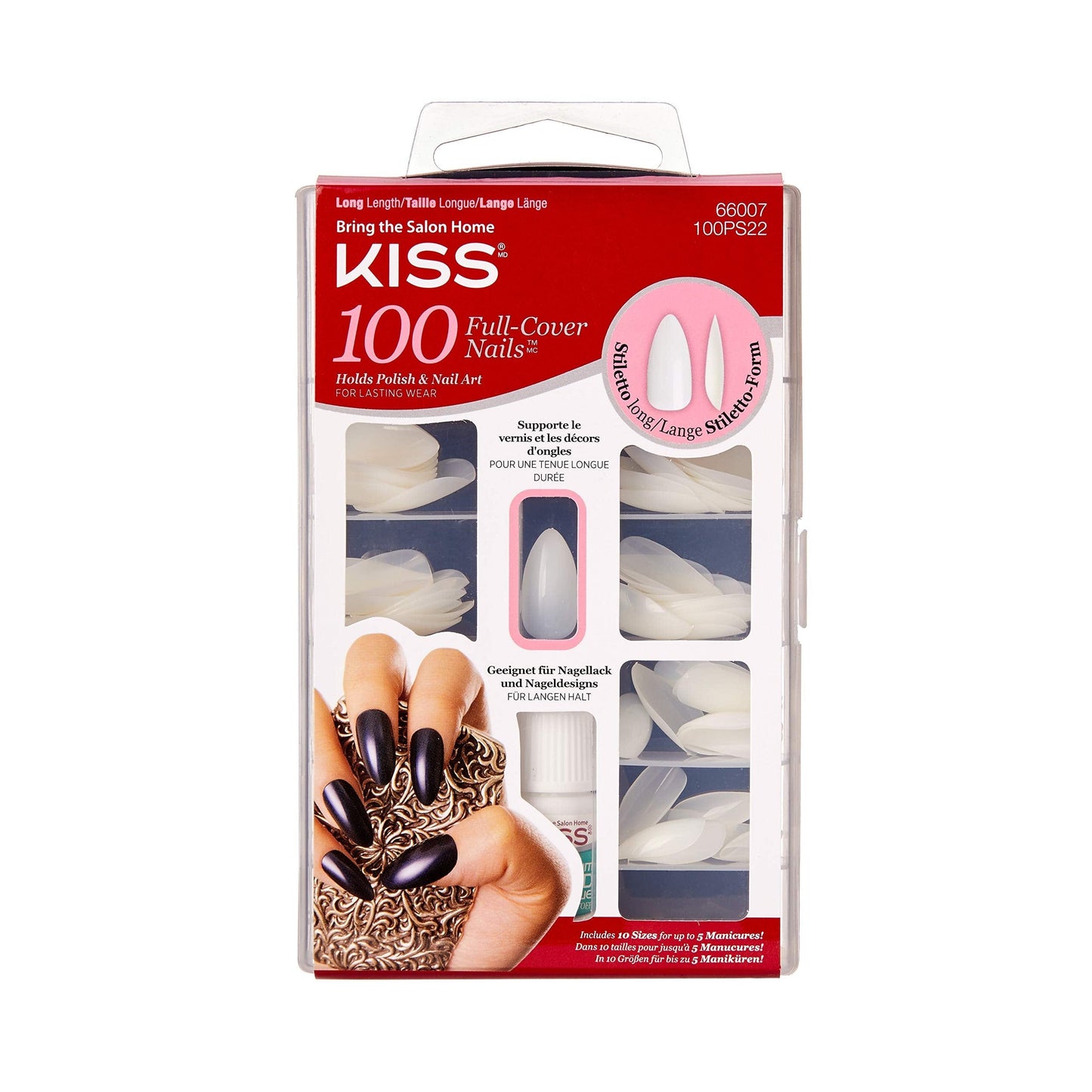 KISS Professional Long Stiletto False Nail Tips, Full Cover Blank Acrylic Extension Manicure Set 100-Count - #66007 100PS22