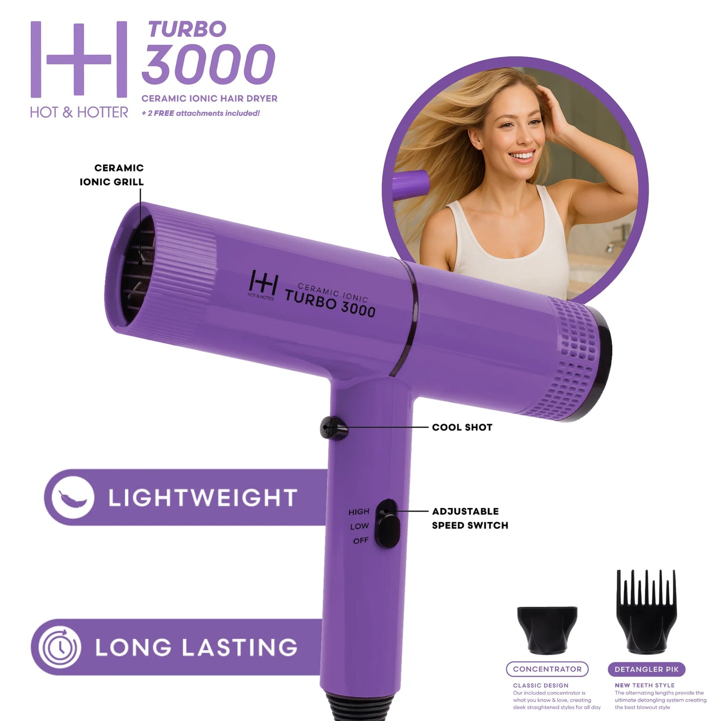 Hot & Hotter Ceramic Turbo 3000 Hair Dryer, Purple