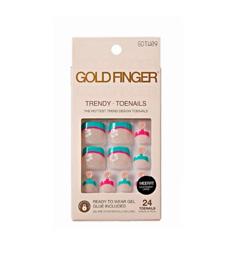 GoldFinger Trendy Wider Fit Press-On Toenails, Wide Nail Bed Fashion Pattern Full Cover Pedicure Kit