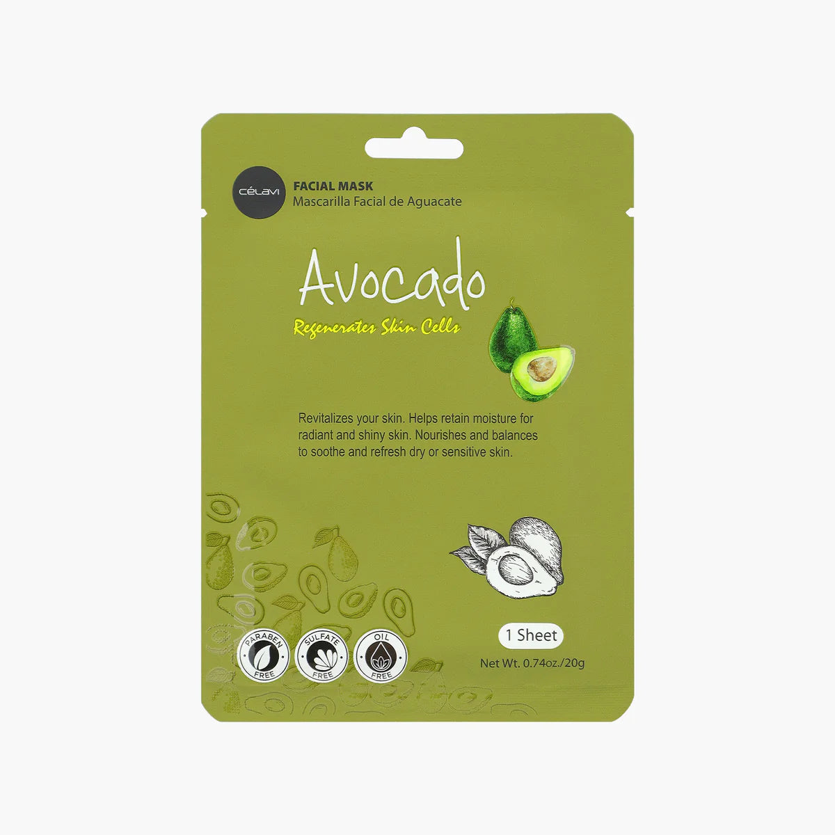 Celavi Avocado Facial Sheet Mask Single MK007, Deeply Nourishing & Intense Moisture Treatment