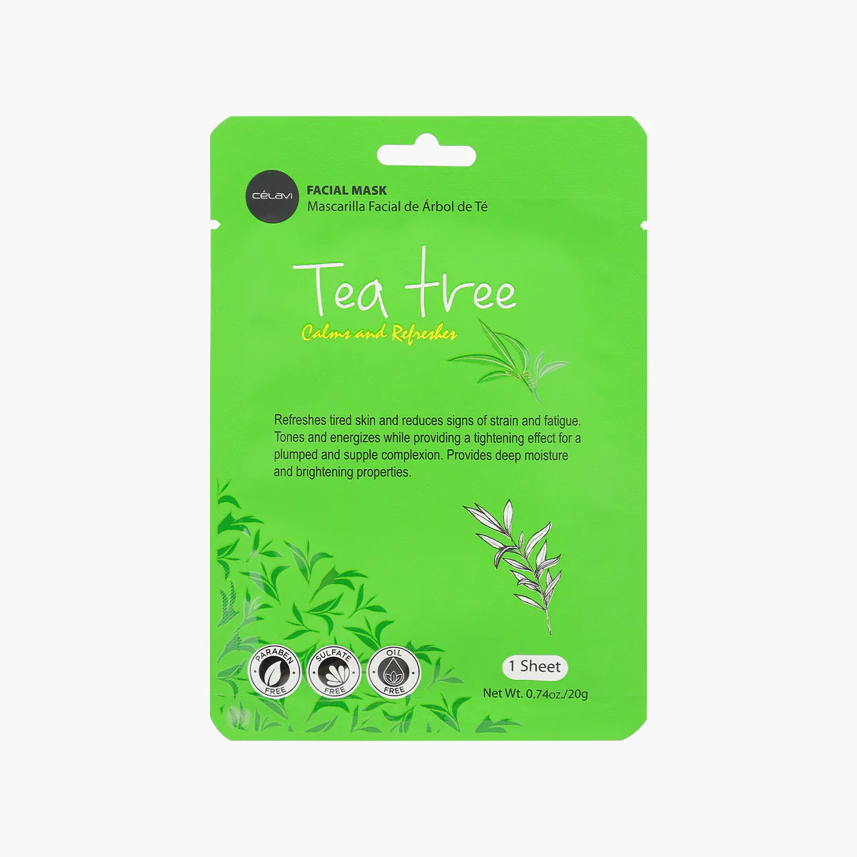 Celavi Tea Tree Facial Sheet Mask Single MK008, Calming & Acne Clarifying Treatment for Blemish-Prone Skin