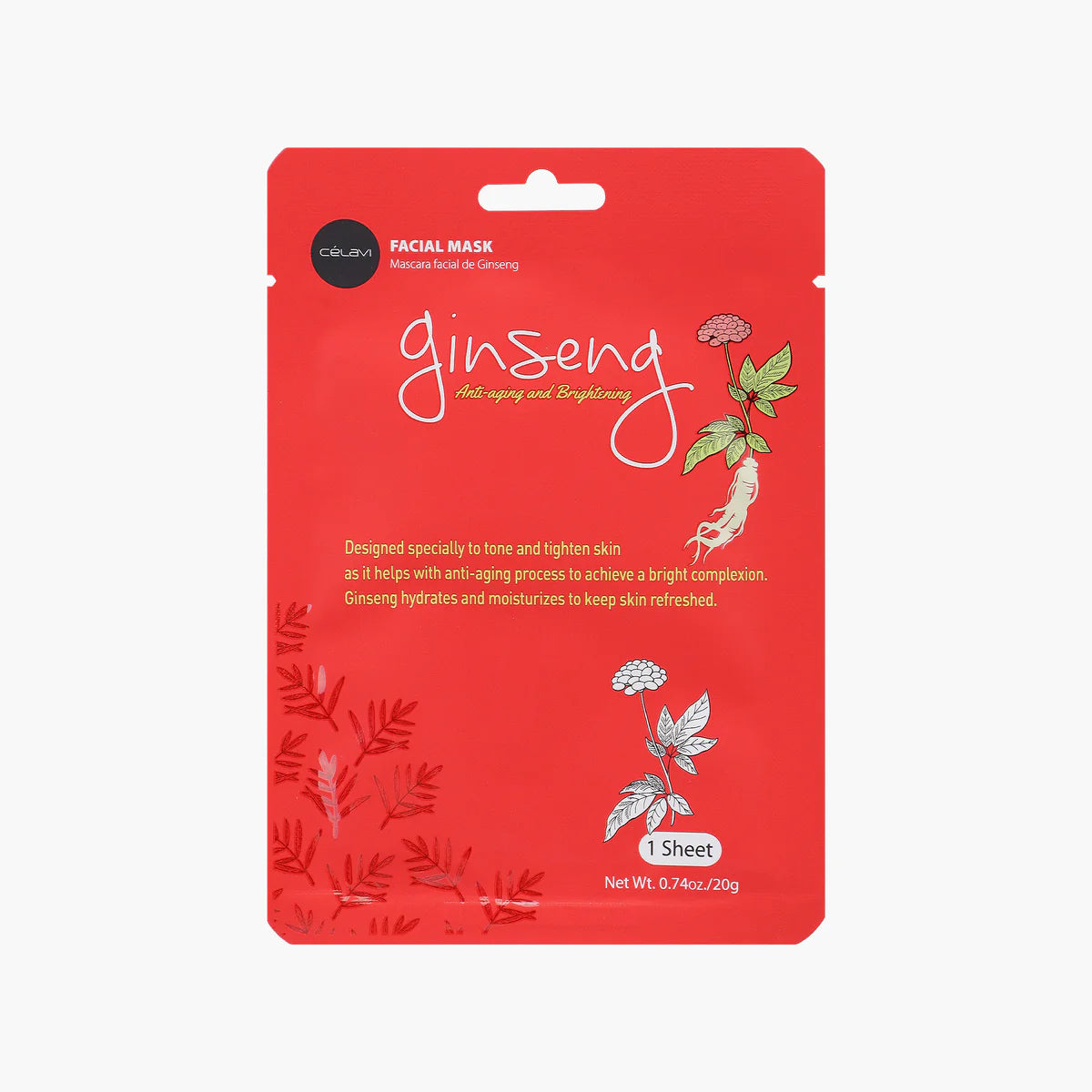 Celavi Ginseng Facial Sheet Mask Single MK016, Anti-Wrinkle & Energizing Youthful Skin Treatment