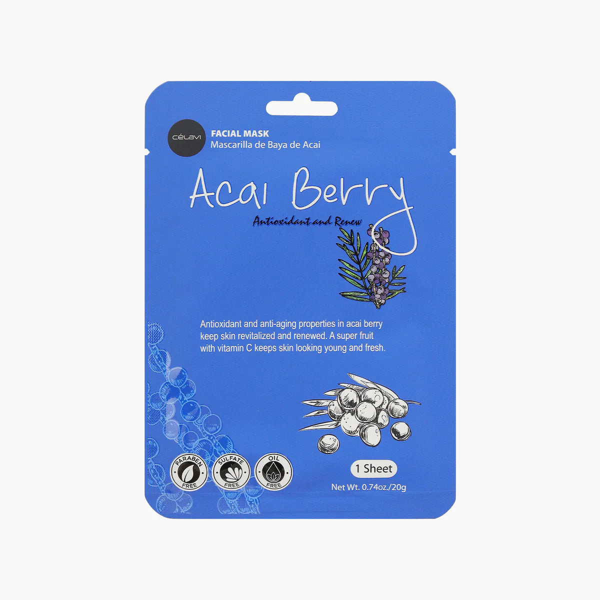 Celavi Acai Berry Facial Sheet Mask Single MK017, Anti-Aging & Antioxidant Rich Skin Firming Mask