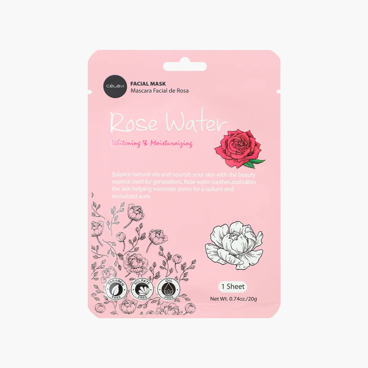 Celavi Rose Water Facial Sheet Mask Single MK021, Hydrating & Soothing Face Mask for Redness & Sensitivity