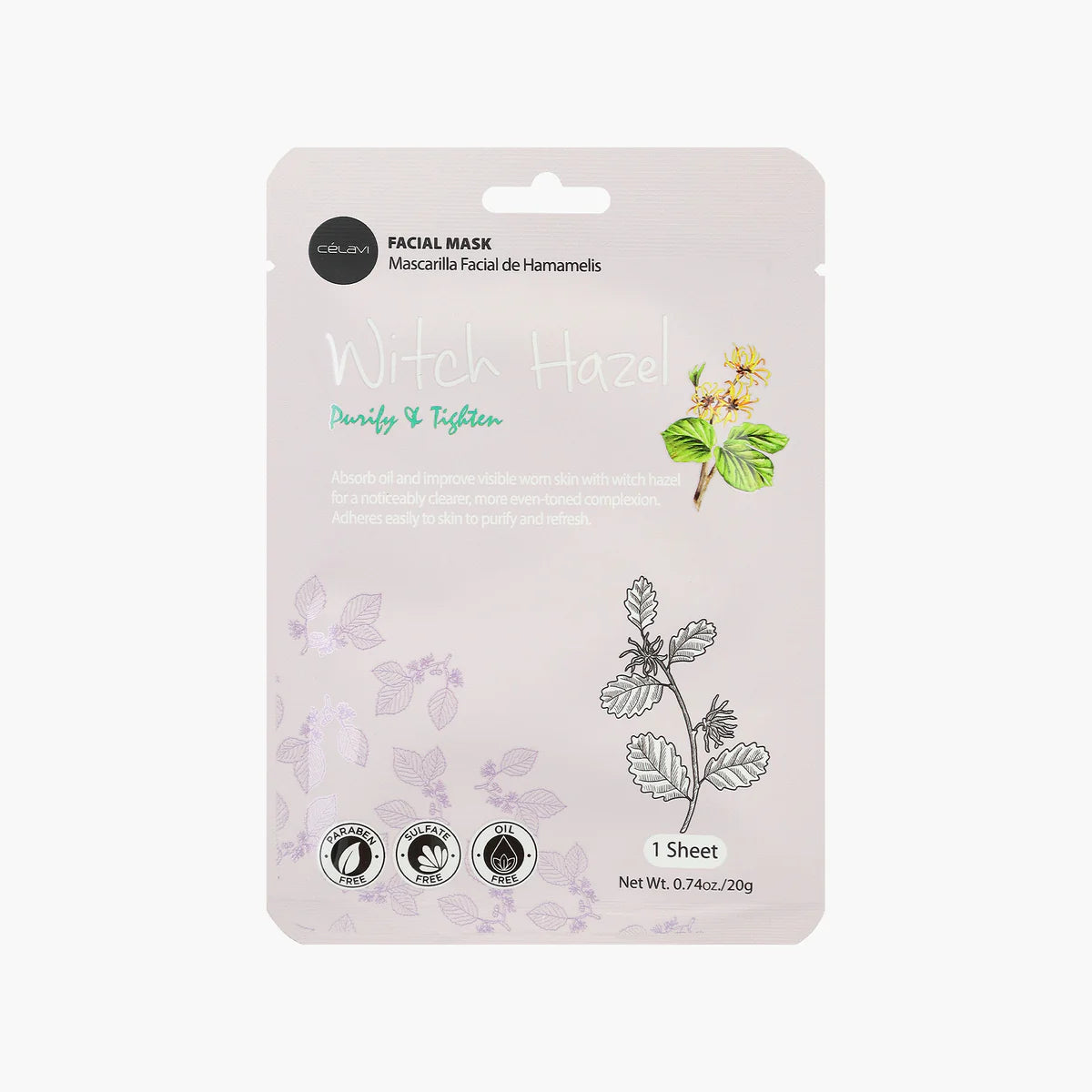 Celavi Witch Hazel Facial Sheet Mask Single MK026, Pore Tightening & Soothing Skin Treatment for Acne & Oily Skin