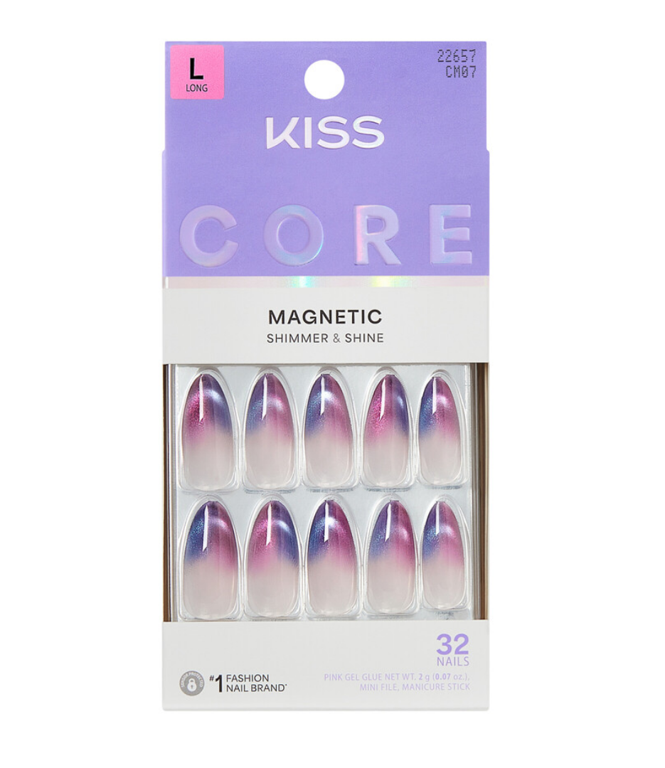 KISS Core Magnetic Press-On Nails, Reflective Cat-Eye Velvet Shimmer 32-Count Glue-On Kit