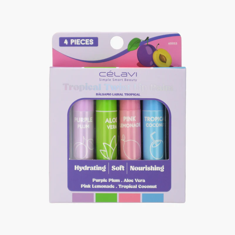 Celavi Tropical Twist Lip Balm 4-Piece Set 60053, Fruity Flavored Moisturizing & Hydrating Lip Care for Dry Lips