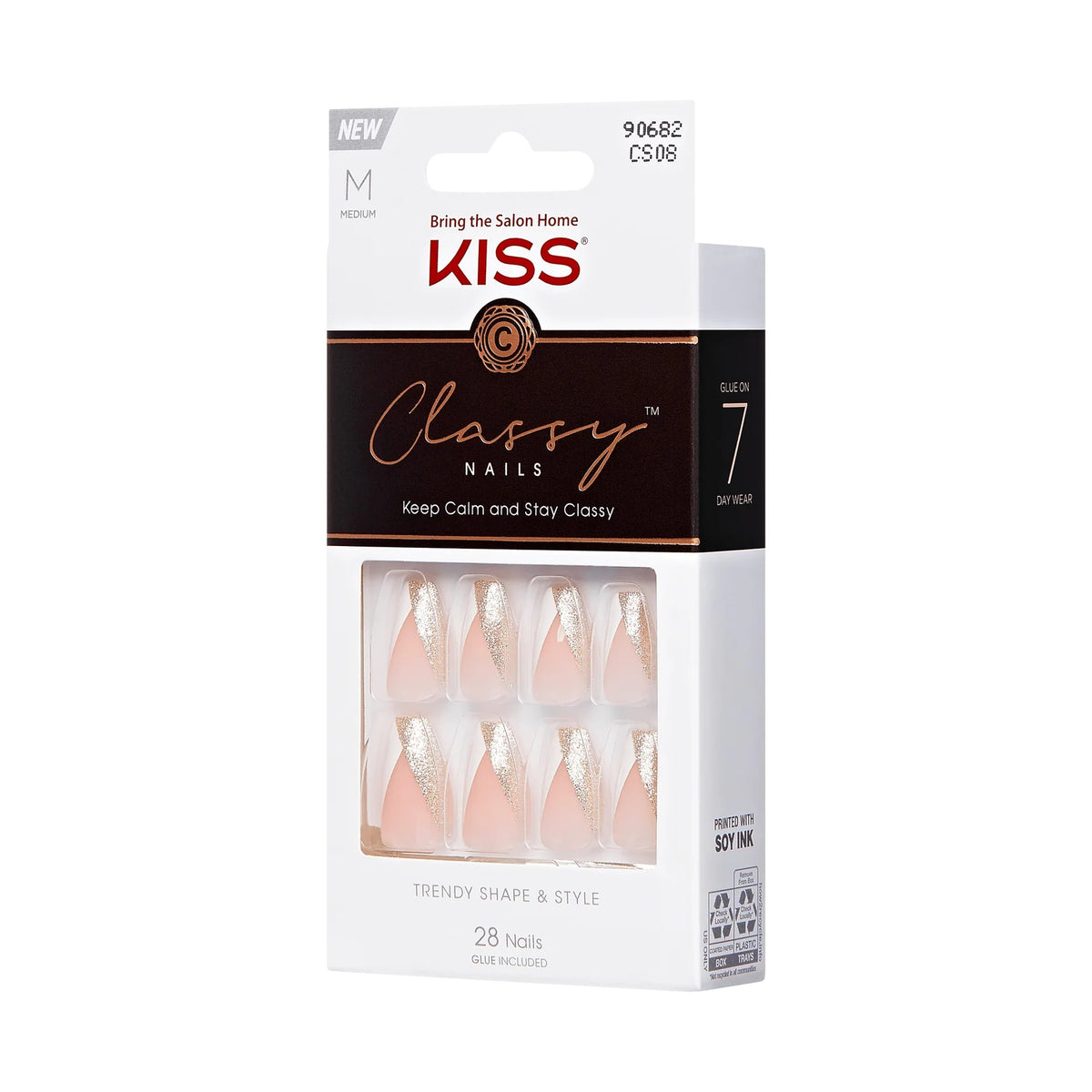 KISS Classy Press-On Nails The Boss - Medium Length French Tip 28-Count Glue-On Nail Kit CS08