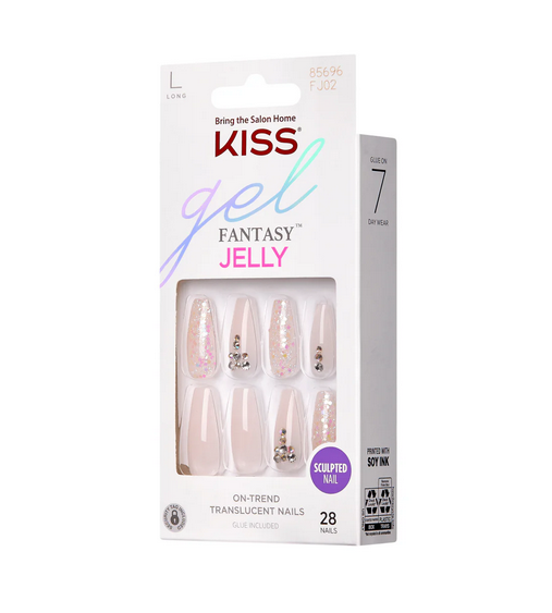 KISS Jelly Fantasy Press-On Nails, Translucent High-Shine Glass Finish 28-Count Glue-On Kit FJ