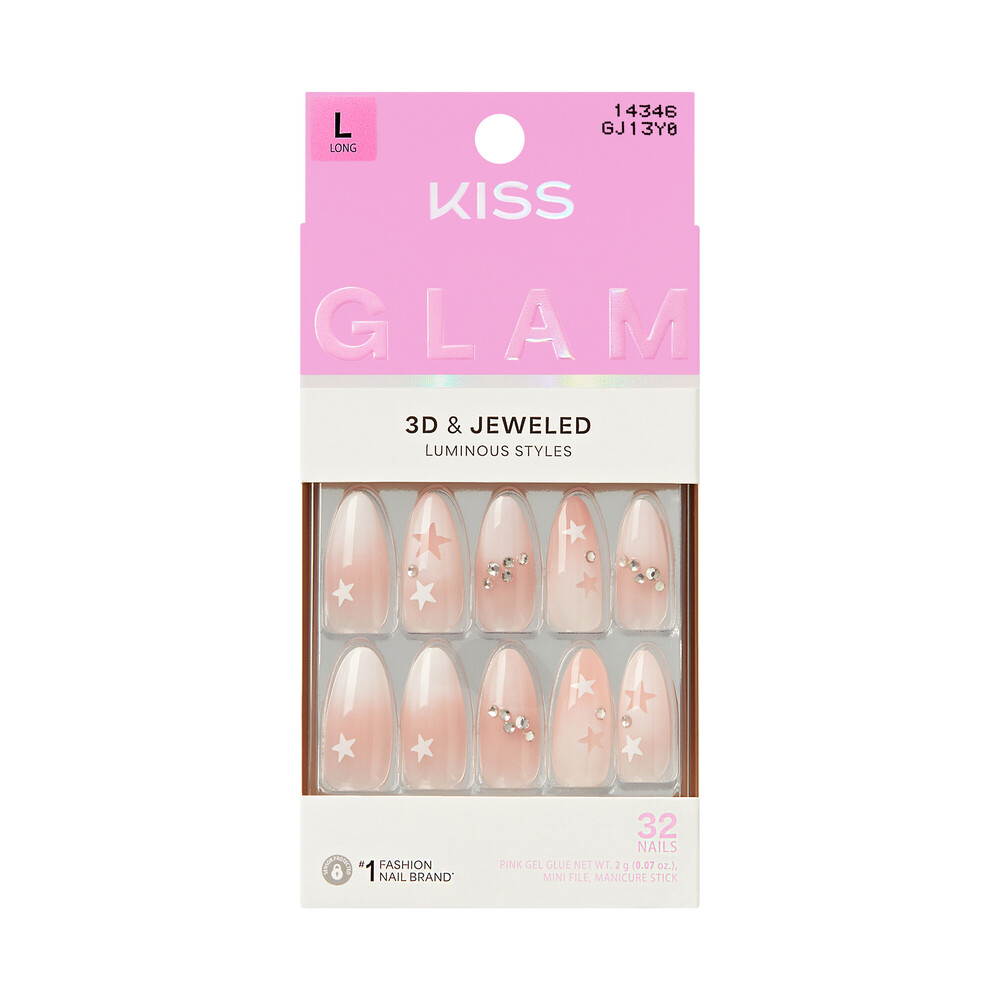 KISS Glam 3D Jeweled Press-On Nails, Embellished 32-Count Full Cover Glue-On Nail Kit