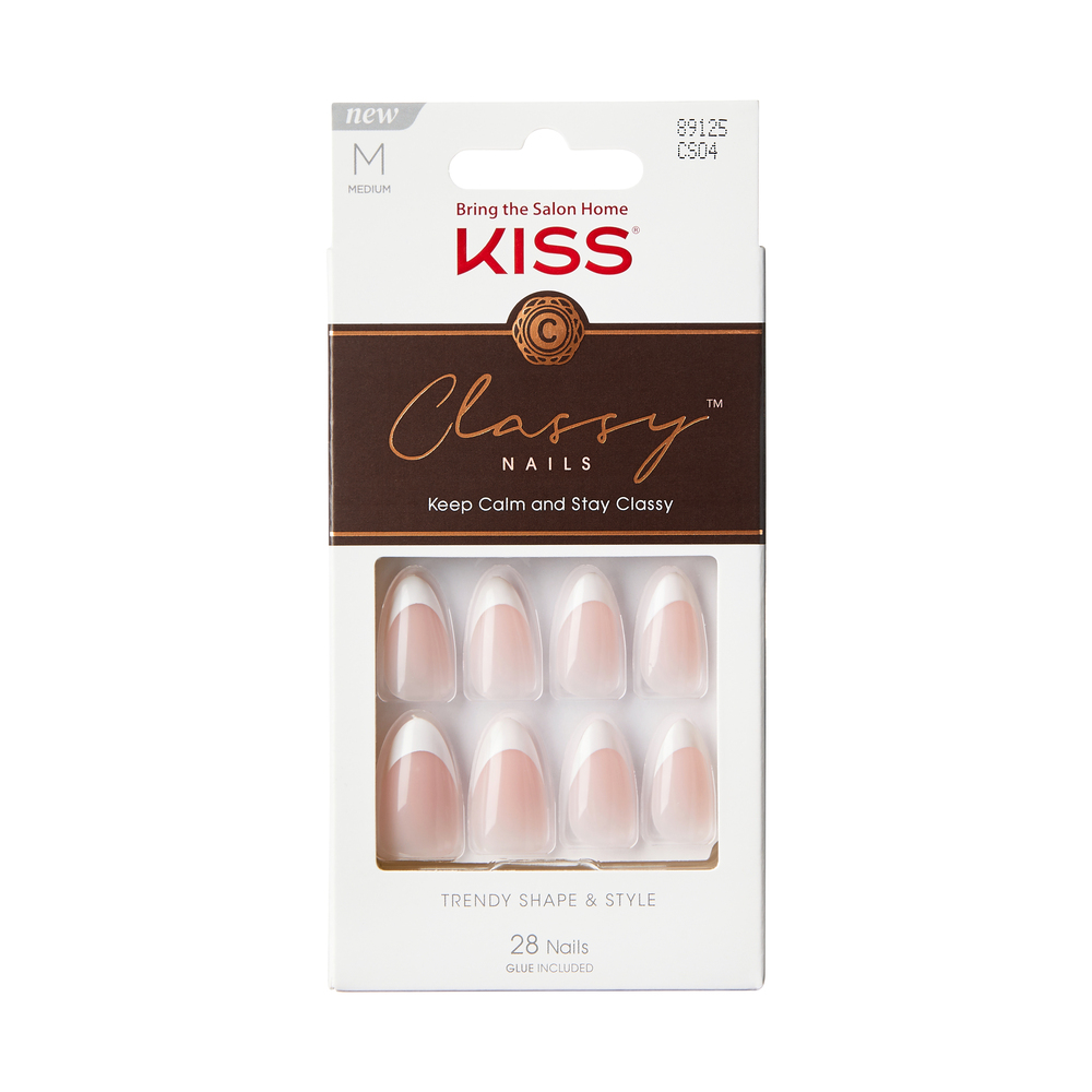 KISS Classy Press-On Nails Dashing - Medium Length French Tip 28-Count Glue-On Nail Kit CS04