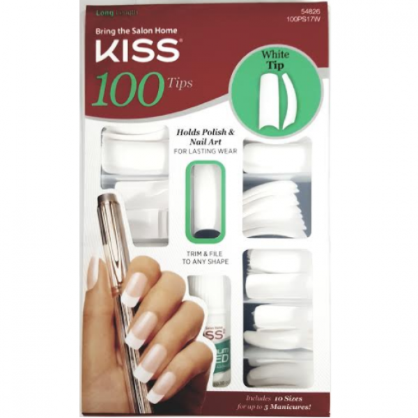 KISS Professional White Tip Long Length False Nails, Full Cover Active Square Acrylic Extension Tips 100-Count - 100PS17W