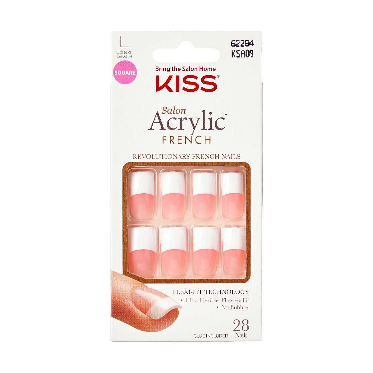 KISS Salon Acrylic French Team Player Press-On Nails, Natural Nude Long Square 28-Count Glue-On Nail Kit