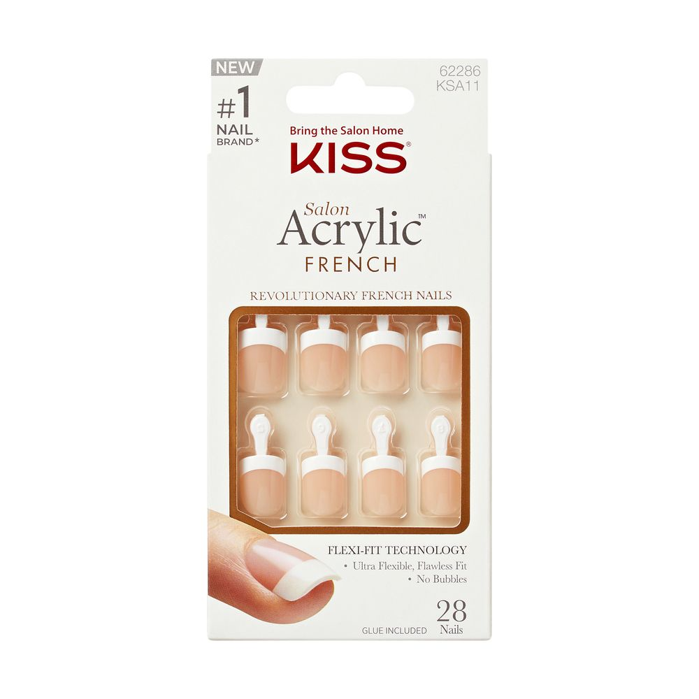 KISS Salon Acrylic French Power Play Press-On Nails, Natural Nude Soft Square Short 28-Count Glue-On Nail Kit