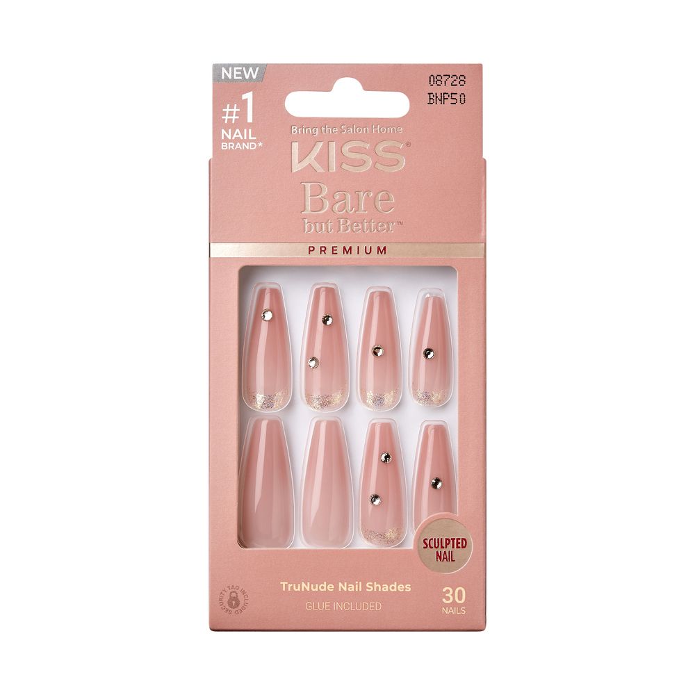 KISS Bare But Better Premium Press-On Nails Sunny, Perfect Nude Skin Tone Medium Coffin 28-Count Glue-On Kit