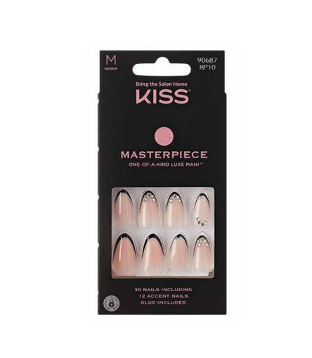 KISS Masterpiece Perfection Press-On Nails, Luxe Black French Tip Rhinestone Accent Medium Almond 30-Count Glue-On Kit