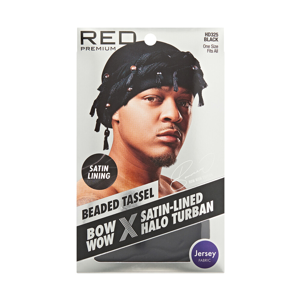 Red by Kiss Bow Wow Premium Satin-Lined Halo Turban, Beaded Jersey Protective Styling Headwrap Bonnet - #HD325