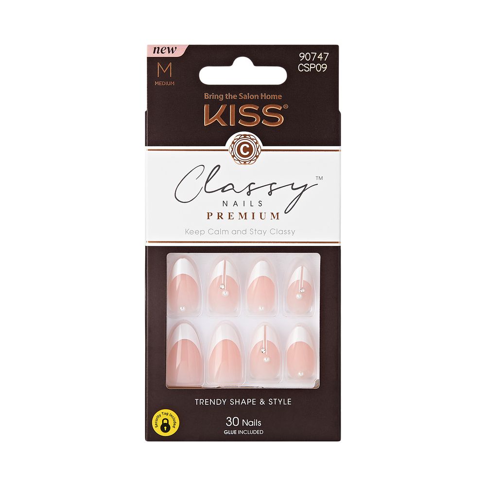 KISS Classy Premium Press-On Nails Highlights! - Medium Length French Tip 28-Count Glue-On Kit CSP09