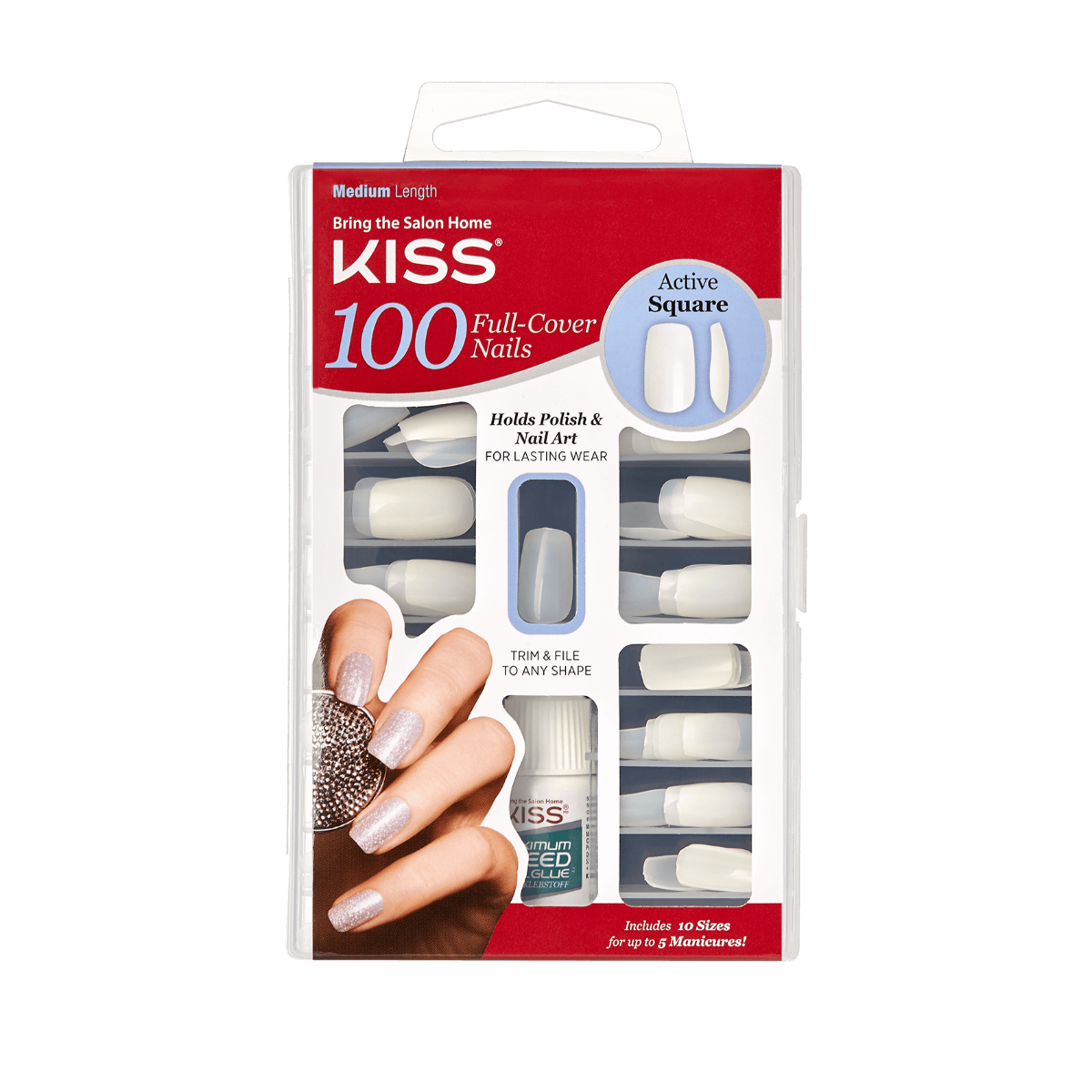 Kiss Full-Cover Glue-On Medium Square Nails 100 PCS 100PS12