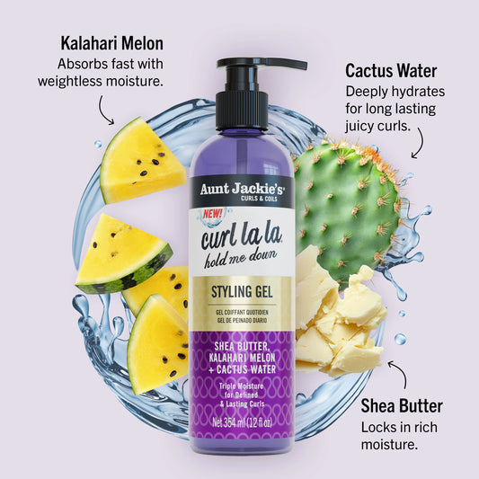 Aunt Jackie's Curls & Coils Curl La La Hold Me Down Styling Gel, Long-Lasting Moisture-Seal Defined Curl Styler 12 oz