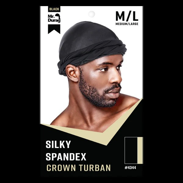 Mr. Durag #4344 Silky Spandex Crown Turban M/L Black