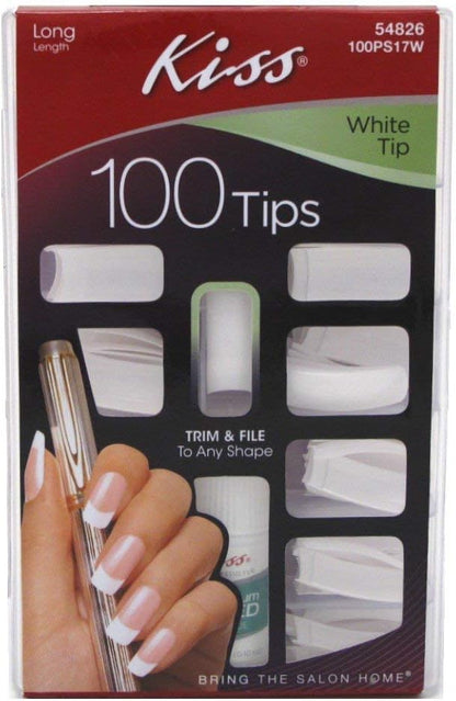 Kiss 100 Tips White Tip Long Length Nails 100PS17W