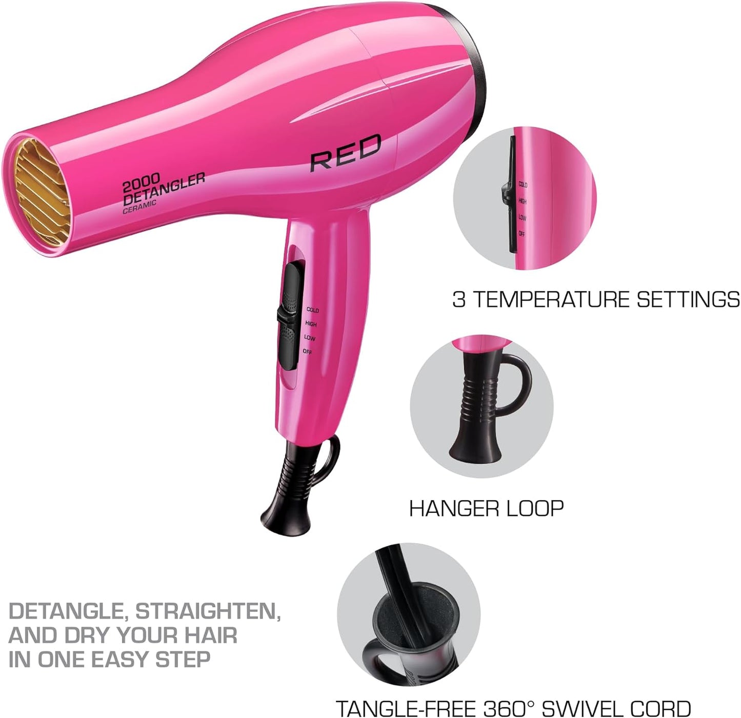 RED by KISS 2000 Ceramic Detangler Dryer Pink