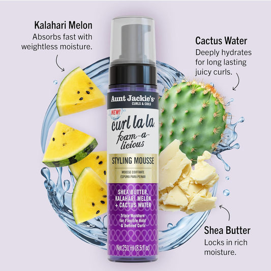 Aunt Jackie's Curls & Coils Curl La La Foam-A-Licious Styling Mousse, Moisture-Rich Frizz-Control Hair Foam 8.5 oz