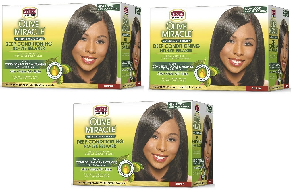 3 Pack African Pride Olive Miracle Relaxer Kit Super