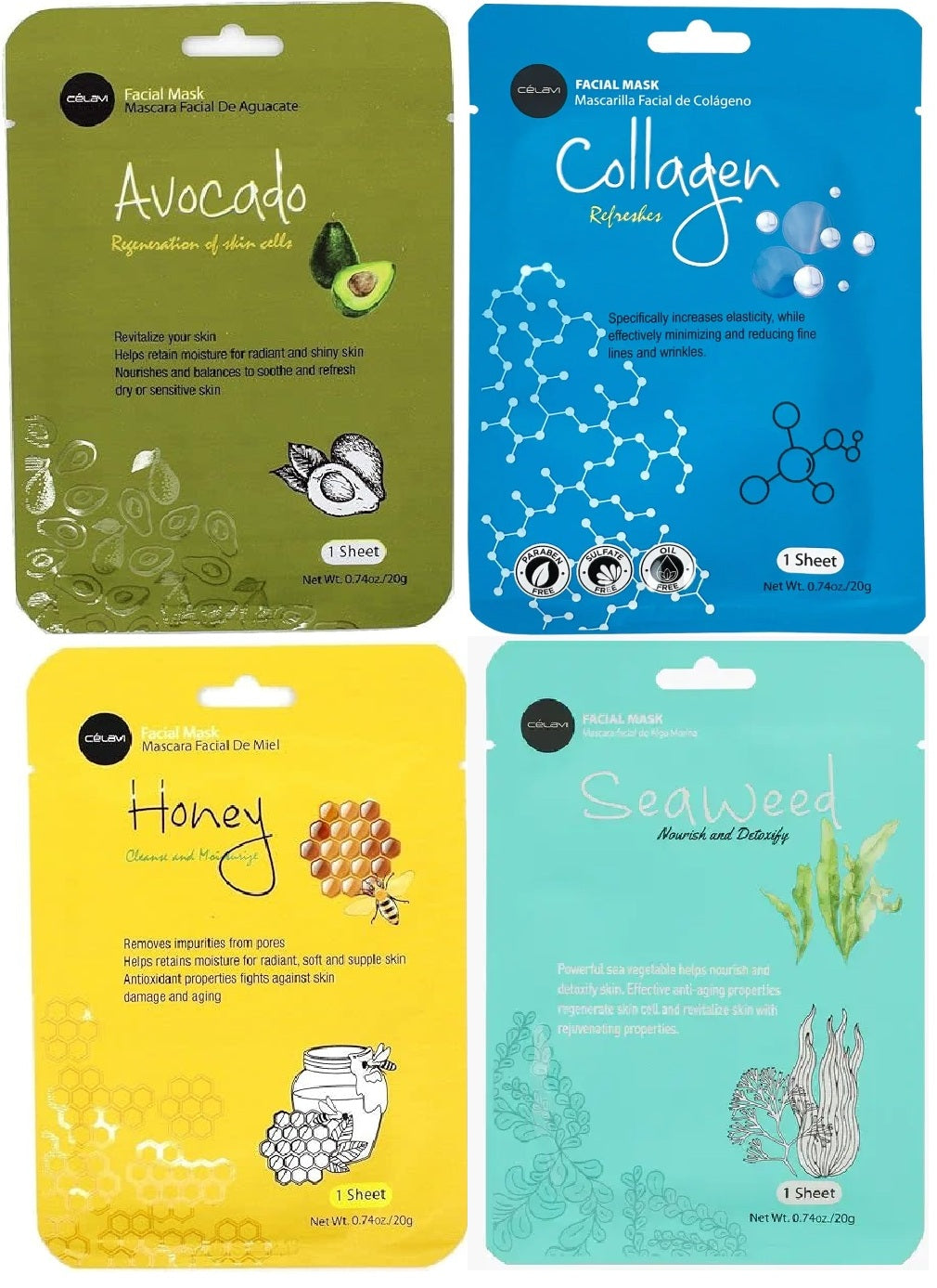 Celavi Mask Set 1 (AVOCADO/COLLAGEN/HONEY/SEAWEED)