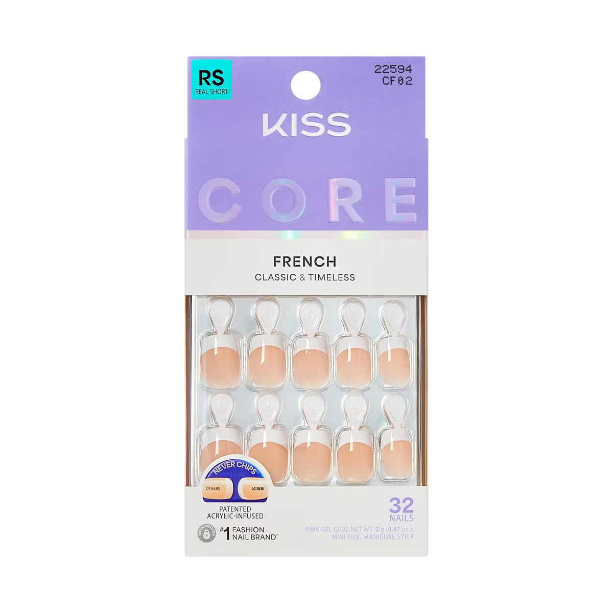 KISS Core French Press-On Nails, Classic Acrylic White Tip Full Cover Glue-On Nail Kit