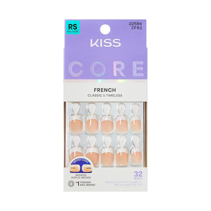 KISS Core French Press-On Nails, Classic Acrylic White Tip Full Cover Glue-On Nail Kit