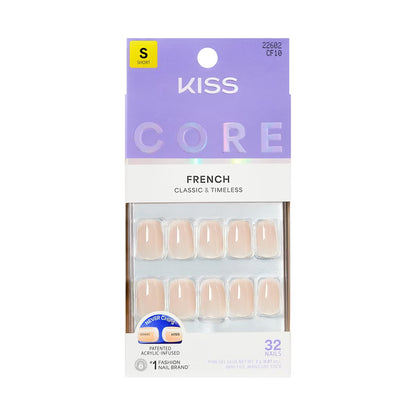 KISS Core French Press-On Nails, Classic Acrylic White Tip Full Cover Glue-On Nail Kit