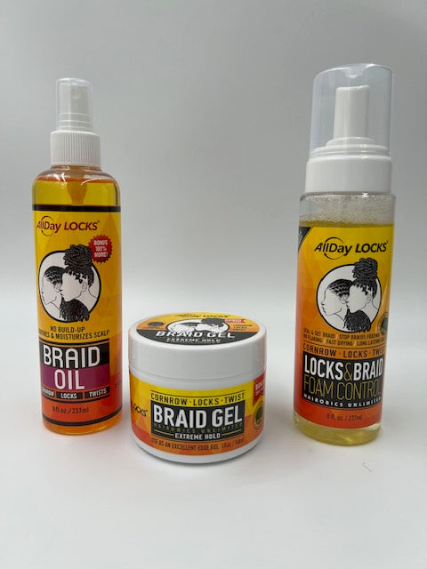 ALLDAY LOCKS BRAID CARE BUNDLE- 8oz FOAM CONTROL, 5 oz BRAID GEL, and 5 oz BRAID OIL