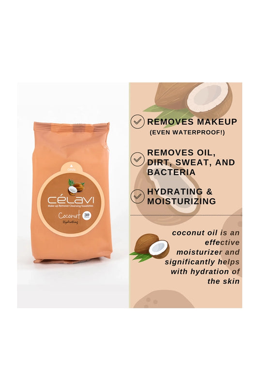 Celavi Coconut Oil Makeup Remover Cleansing Towelettes MT015, Deeply Hydrating Waterproof Facial Wipes for Dry Skin