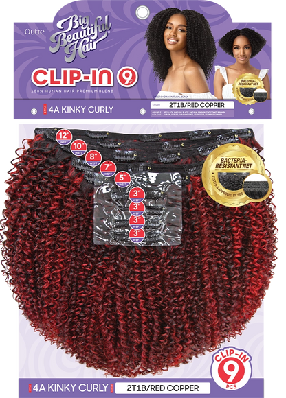 Outre Big Beautiful Hair 4A Kinky Curl 10 inch Human Hair Blend 9 Piece Clip In Extensions