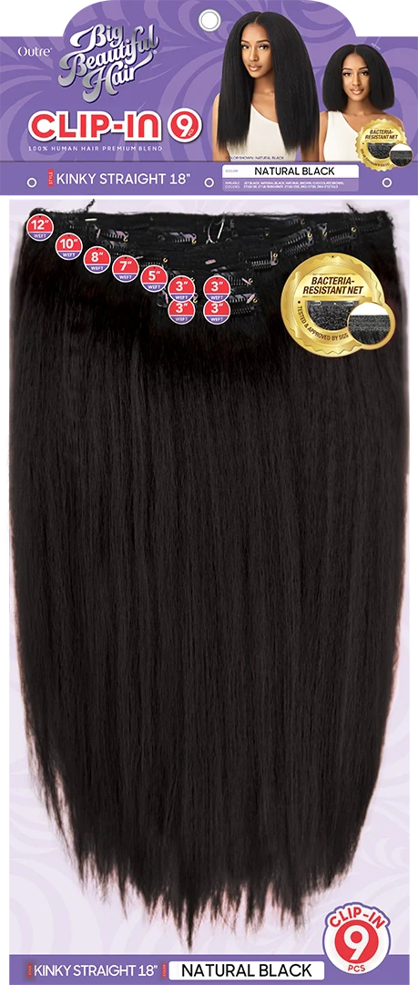 Outre Big Beautiful Hair Kinky Straight 18 inch Human Hair Blend 9 Piece Clip In Extensions