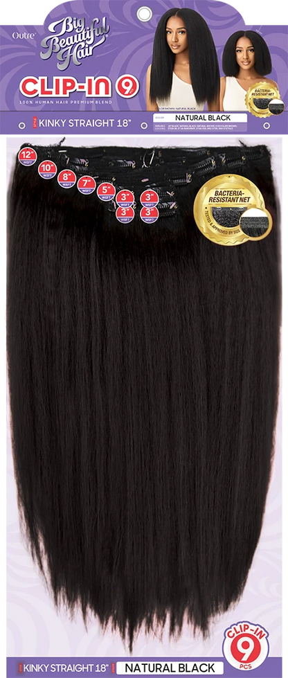 Outre Big Beautiful Hair Kinky Straight 18 inch Human Hair Blend 9 Piece Clip In Extensions