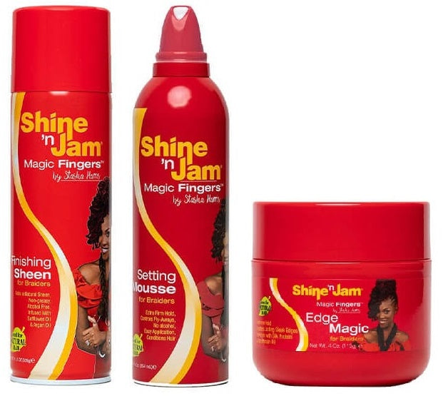 3 PIECE BUNDLE AMPRO SHINE N JAM SETTING MOUSSE 12 OZ, FINISHING SHEEN 11.5 OZ, AND EDGE MAGIC 4OZ