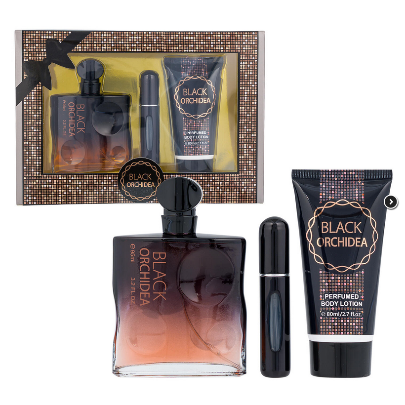 Black Orchidea Perfume and Lotion Gift Set With Atomizer