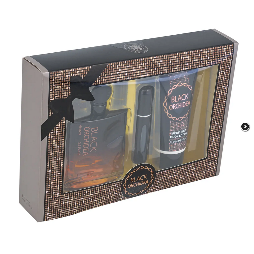 Black Orchidea Perfume and Lotion Gift Set With Atomizer