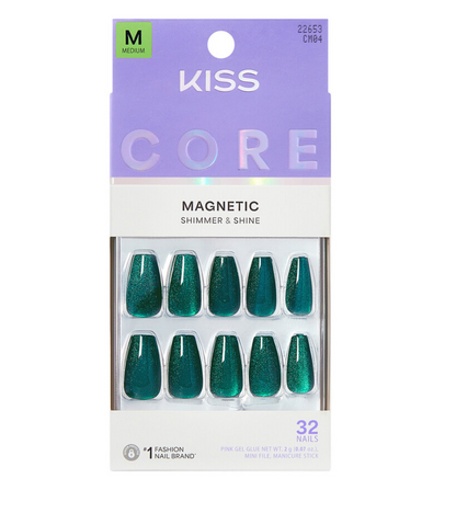 KISS Core Magnetic Press-On Nails, Reflective Cat-Eye Velvet Shimmer 32-Count Glue-On Kit