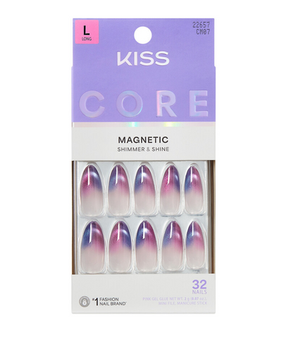KISS Core Magnetic Press-On Nails, Reflective Cat-Eye Velvet Shimmer 32-Count Glue-On Kit