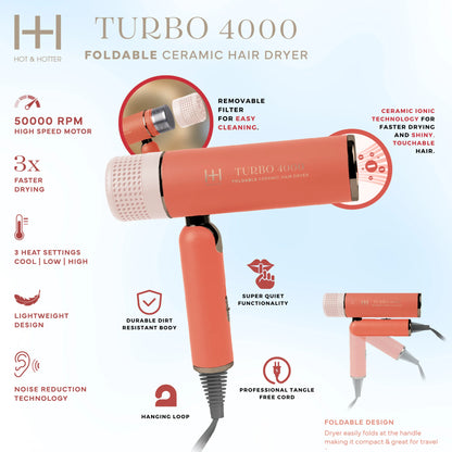 Hot & Hotter Ceramic Turbo 4000 Foldable Hair Dryer Orange 5924